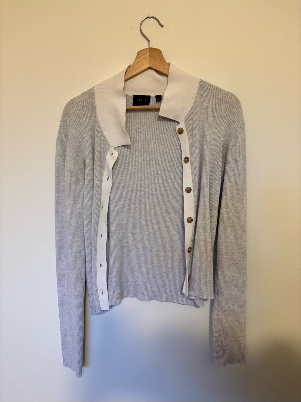 Cyrus Light Gray Ribbed Cardigan with Cream Trim